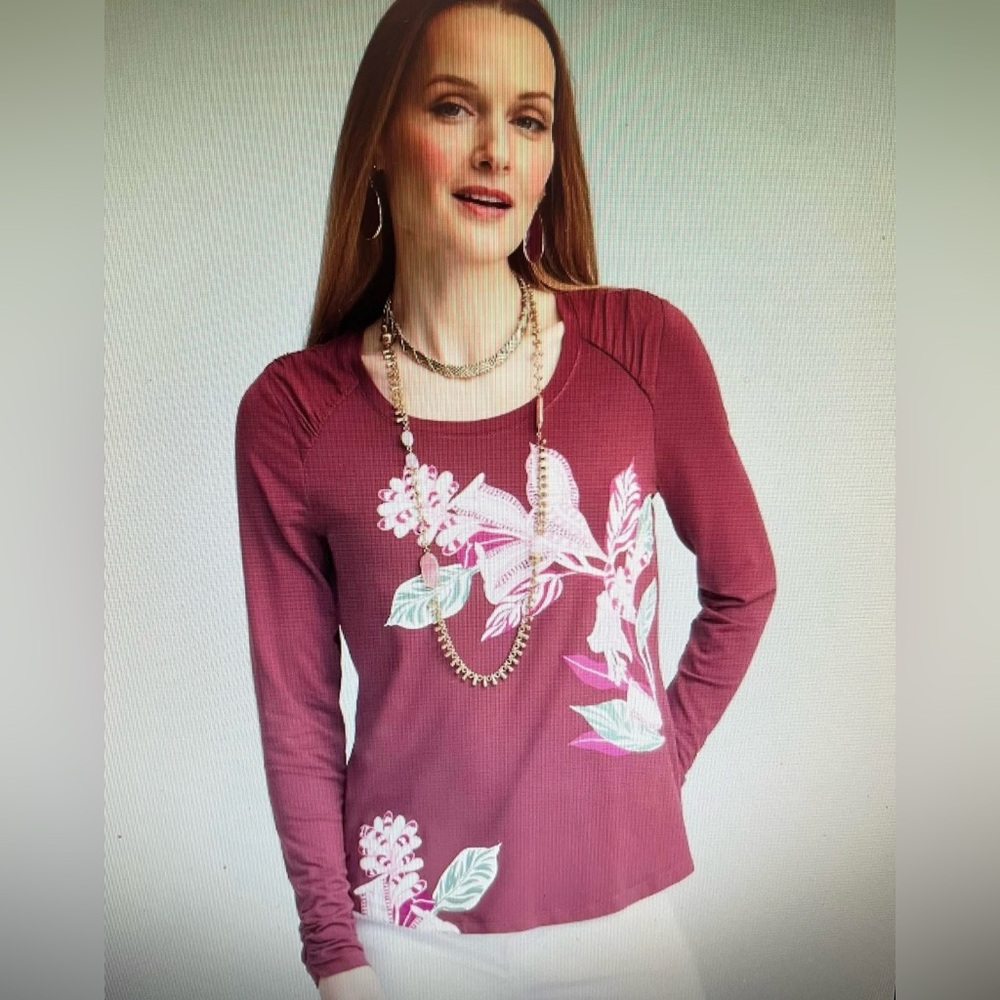 CHICOS TOUCH OF COOL GATHERED SLEEVE FLORAL TOP CHICOS 2 MISSES MEDIUM/12 NWT!